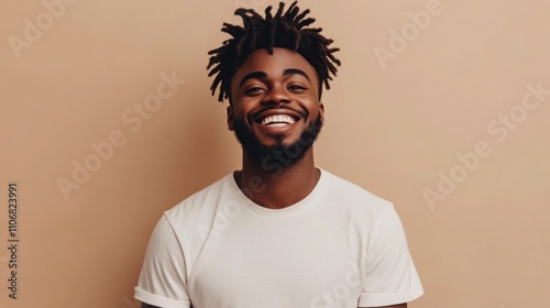 Portrait of handsome hipster model.Unshaven smiling African man dressed in white summer t-shirt and jeans. Fashion male with dreadlocks hairstyle posing near beige wall in the street