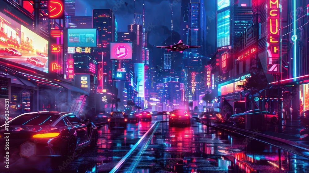Futuristic Neon Cityscape with Flying Vehicles at Night Futuristic Neon Cityscape with Flying Vehicles at Night