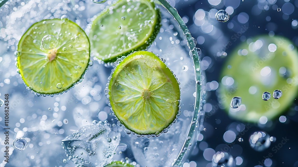 Lime slices floating in glass of sparkling water surrounded by tiny ice cubes for refreshing feel