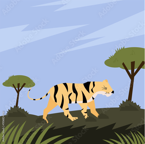 A tiger prowling through tall grass with scattered trees and a blue sky photo