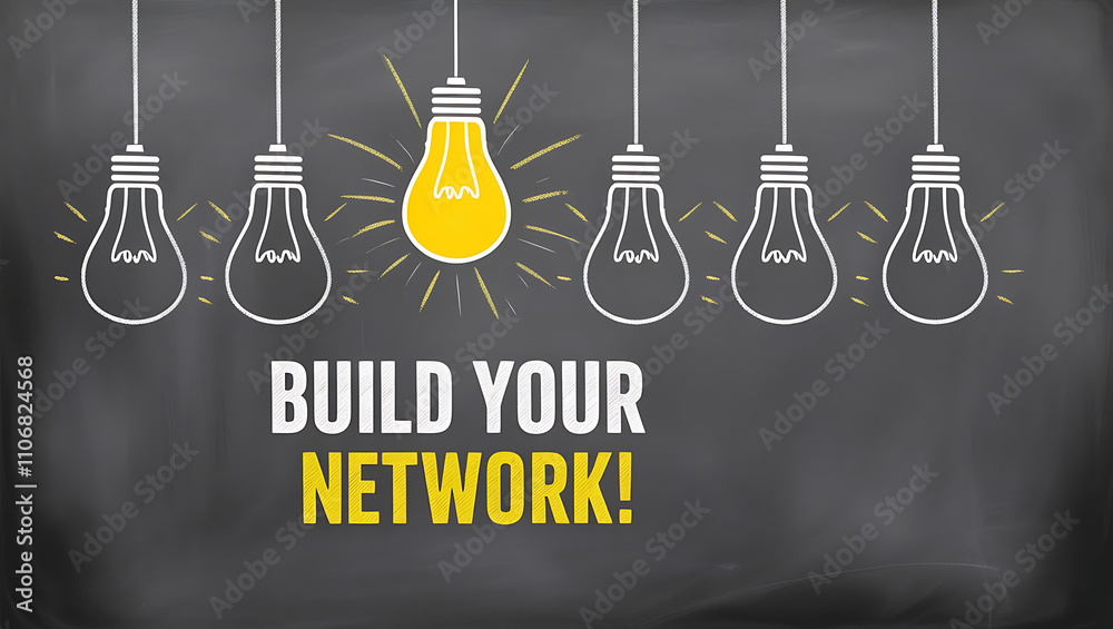 Light Bulb Outlines and 'BUILD YOUR NETWORK!' Motivational Text, digital network, team building, brainstorming, network development, professional growth, concept of innovation Light Bulb Outlines and 'BUILD YOUR NETWORK!' Motivational Text, digital network, team building, brainstorming, network development, professional growth, concept of innovation