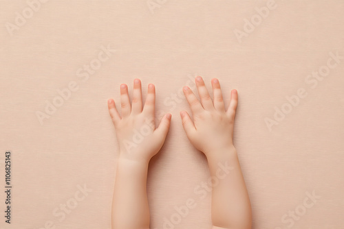 Small child hands on beige background top view. Skin care, family, playing and education template concept.