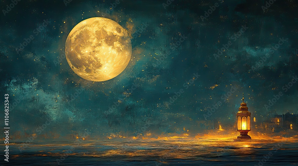 A gold moon and lantern celebrate Ramadan in an for festive seasonal visuals A gold moon and lantern celebrate Ramadan in an for festive seasonal visuals