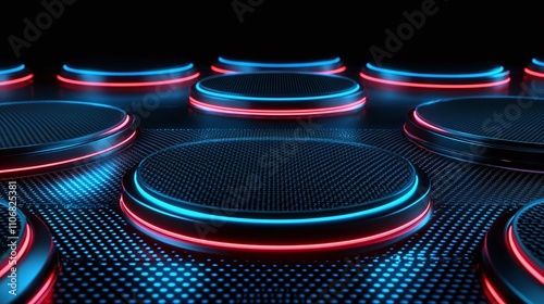Futuristic Platform with Illuminated Borders in Blue and Red Glow on a Dark Background for Technology Themes