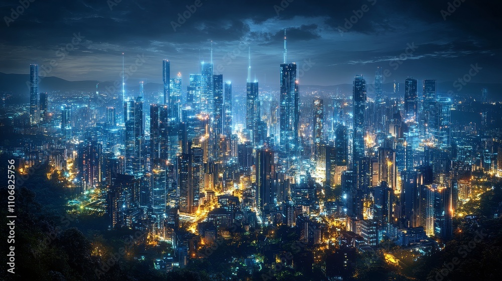 Fototapeta premium A Futuristic Cityscape Illuminated by Blue and Yellow Lights at Night