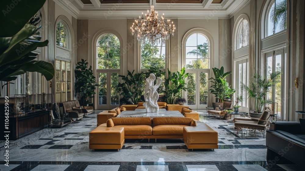 Obraz premium A luxurious boutique hotel lobby with marble floors, high vaulted ceilings, contemporary chandeliers, a mix of plush seating arrangements, and a centerpiece sculpture surrounded by vibrant greenery