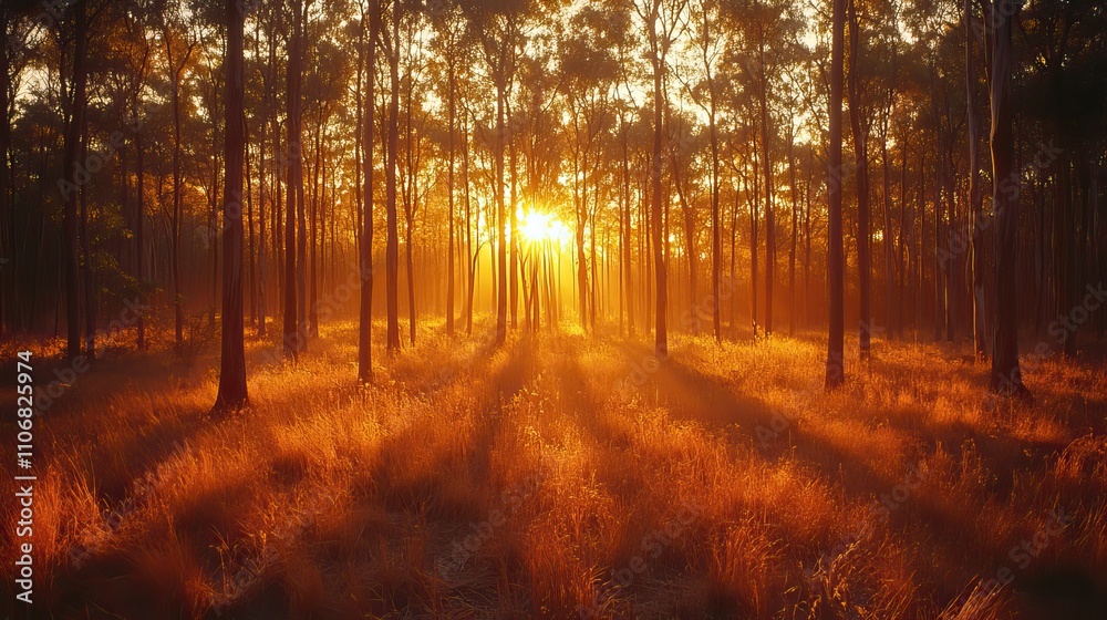 A golden forest in autumn with the sun filtering through the trees, casting long shadows and illuminating the scene A golden forest in autumn with the sun filtering through the trees, casting long shadows and illuminating the scene
