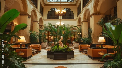 A luxurious boutique hotel lobby with marble floors, high vaulted ceilings, contemporary chandeliers, a mix of plush seating arrangements, and a centerpiece sculpture surrounded by vibrant greenery photo