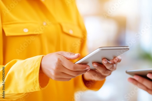 Close Up of Person in Yellow Shirt Using for Communication and Connectivity