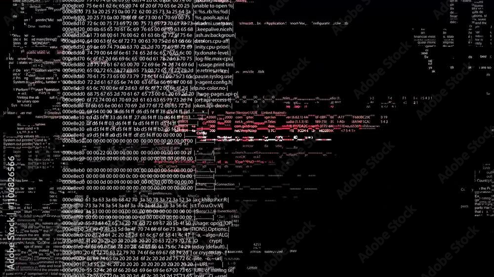 Hacking glitch Programming code noise effects Hackers program code, running on screen. encrypting computer files, Ransomware Malware Attack. digital technology security hacking or cyber security 3D 4K