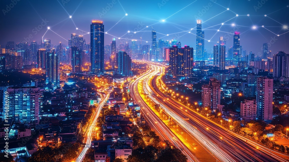 A Nighttime Aerial View of a Modern City Skyline Illuminated by Streetlights and Buildings A Nighttime Aerial View of a Modern City Skyline Illuminated by Streetlights and Buildings