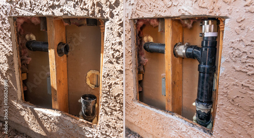 Before and After Plumbing Repair Service. Cut Out External Wall of House with Fixed, Replaced Pipe. Repairing Water Supply. Nobody. Construction. Horizontal Plane. Maintenance of Leakage photo