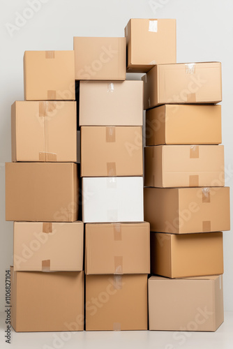 Packed shipping boxes stacked neatly in warehouse setting