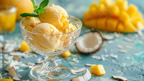 Mango coconut ice cream in delicate bowl on beach themed surface. photo