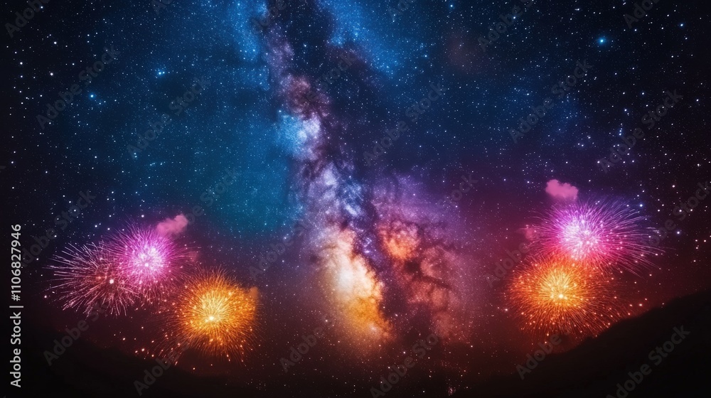 Naklejka premium A vibrant cosmic scene featuring a galaxy and colorful fireworks in a starry sky.