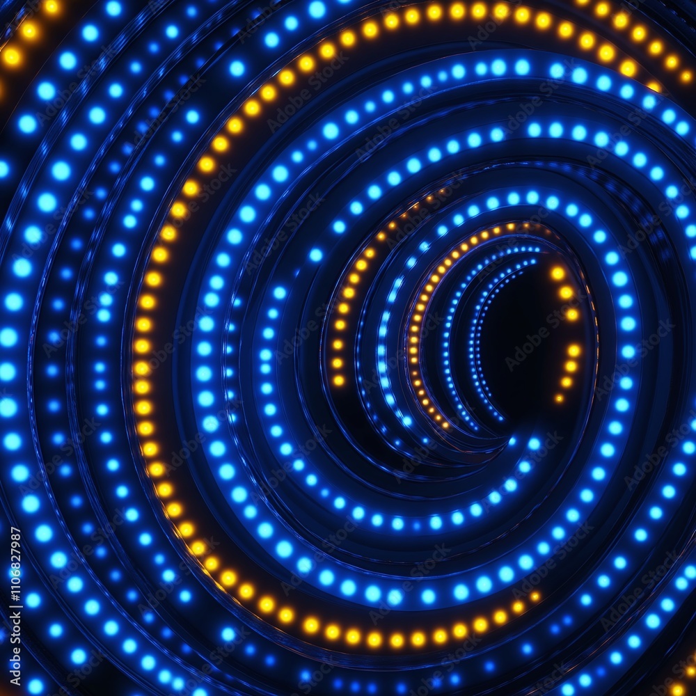 Vibrant Spiral of Blue and Yellow LED Lights Creating a Dynamic Visual Effect in Dark Background Vibrant Spiral of Blue and Yellow LED Lights Creating a Dynamic Visual Effect in Dark Background