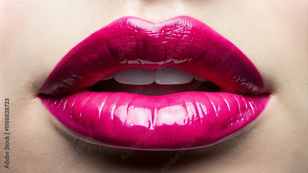 Fototapeta premium Close-up of Fashionable Pink Lips Against a Soft White Background - Captivating Beauty in Minimalist Style for Makeup and Cosmetic Imagery