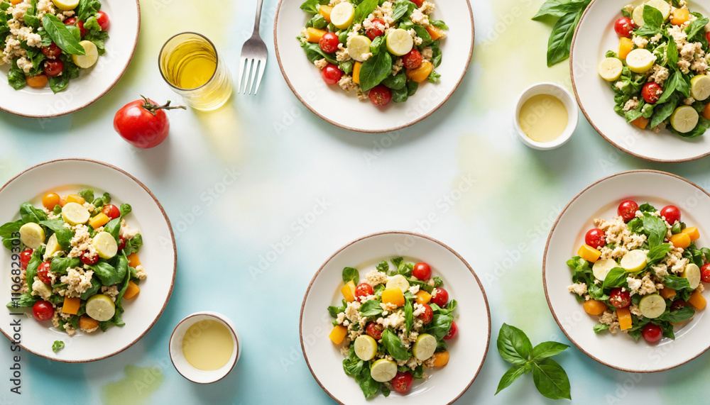 Fresh salads with vegetables and cheese served on plates with copy space Fresh salads with vegetables and cheese served on plates with copy space