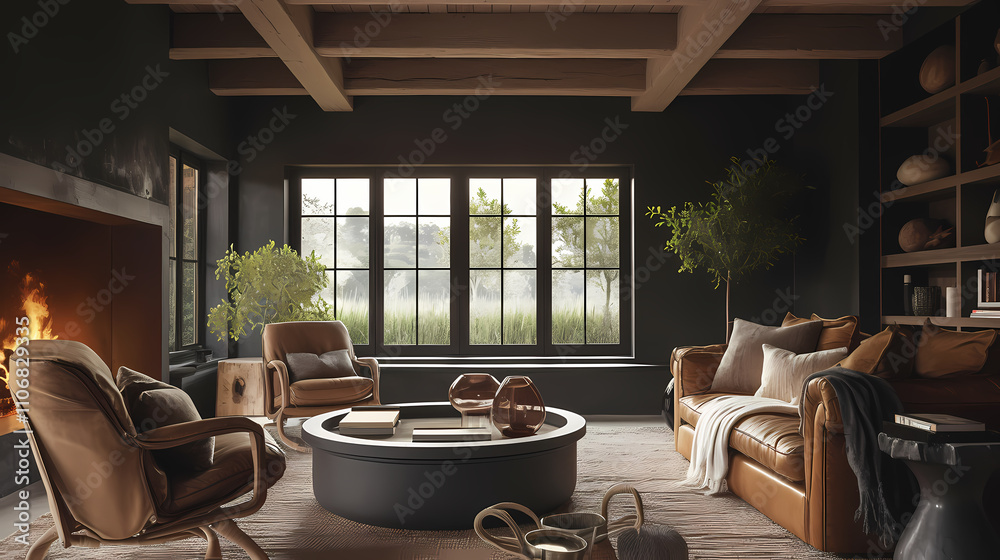 Fototapeta premium A living room with dark wooden paneling, black walls, and a vintage leather sofa. The room has white oak flooring and a coffee table. 