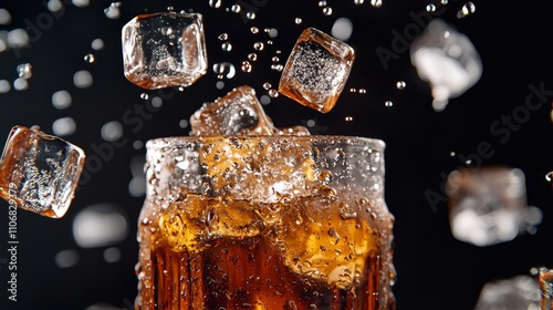 Refreshing cold cola with ice cubes dark background beverage photography wet environment close-up view summer delight