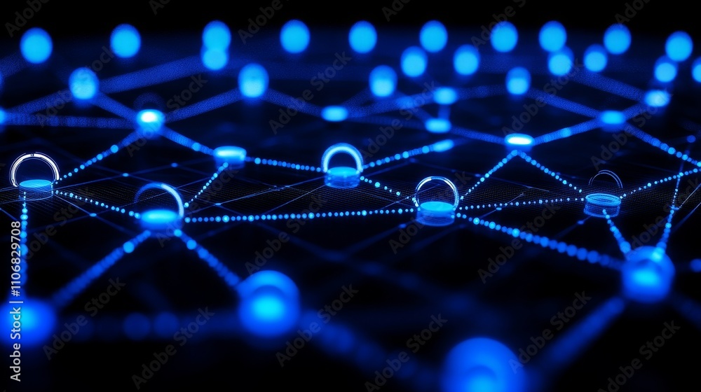 Abstract Network of Interconnected Blue Nodes on a Dark Background Abstract Network of Interconnected Blue Nodes on a Dark Background