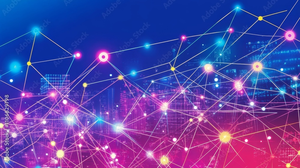 Abstract Network of Interconnected Nodes with Glowing Lights