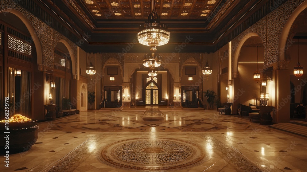 Obraz premium Arabic-style luxury hotel, intricate mosaic patterns, large chandeliers, opulent design,