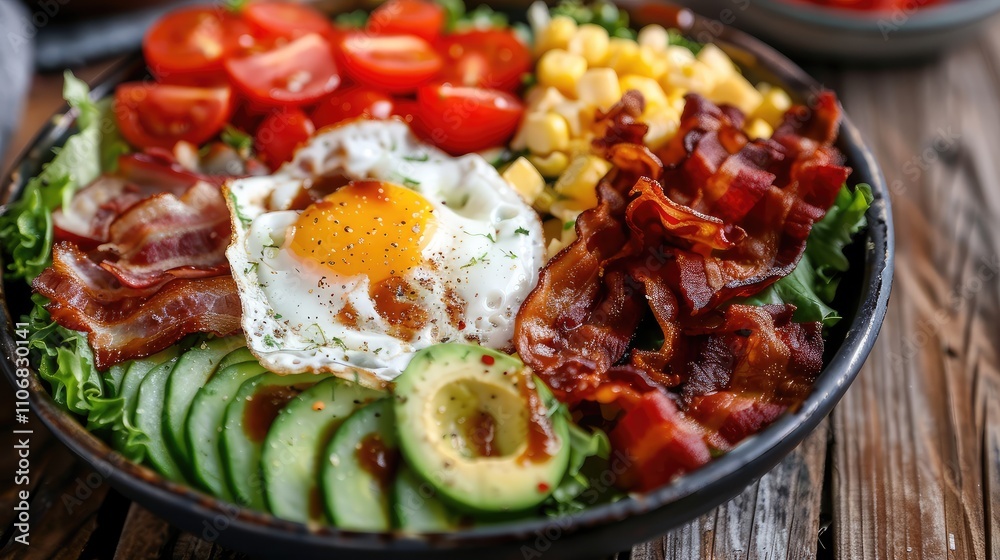 Colorful Salad Bowl with Bacon, Egg, and Fresh Vegetables Colorful Salad Bowl with Bacon, Egg, and Fresh Vegetables