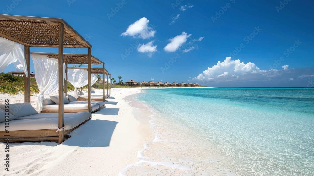 Fototapeta premium Serene luxury beach with crystal-clear waters, white sand, and luxury cabanas