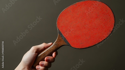 A hand holds a red ping pong racket against a plain background, ready for action photo