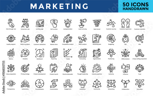 Marketing icon set with budgeting, roi, kpis, metrics, analytics, dashboard, reporting, trends, forecasting, segmentation, positioning, differentiation icon. Simple handdrawn vector 
