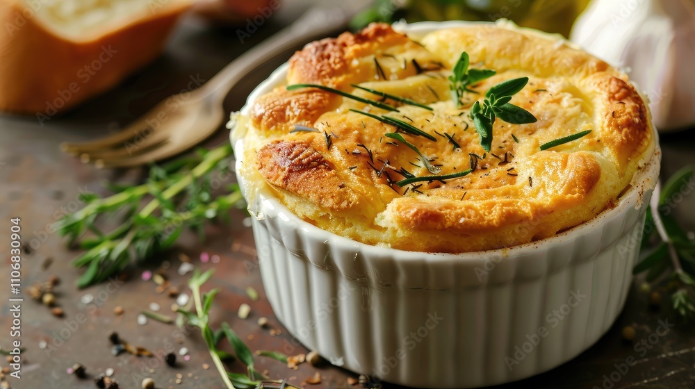 Delicious Savory Souffl? with Fresh Herbs on a Rustic Table Delicious Savory Souffl? with Fresh Herbs on a Rustic Table
