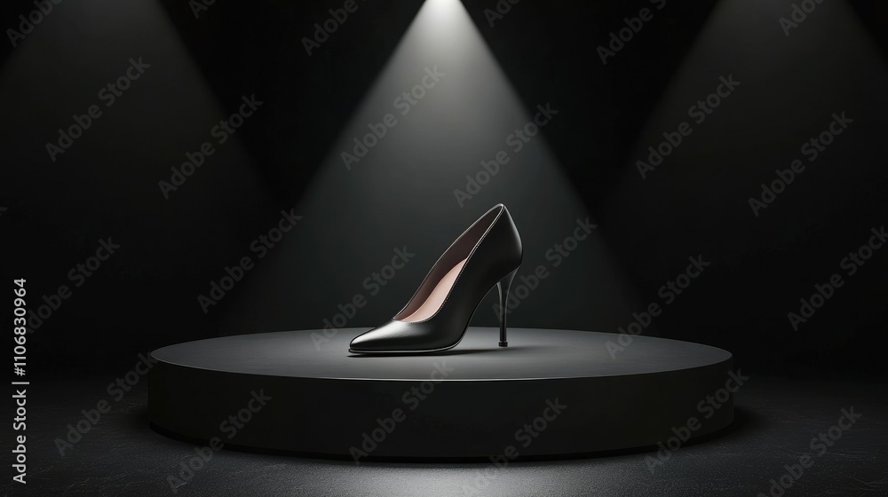 A sleek black high-heeled shoe illuminated on a pedestal against a dark background. A sleek black high-heeled shoe illuminated on a pedestal against a dark background.
