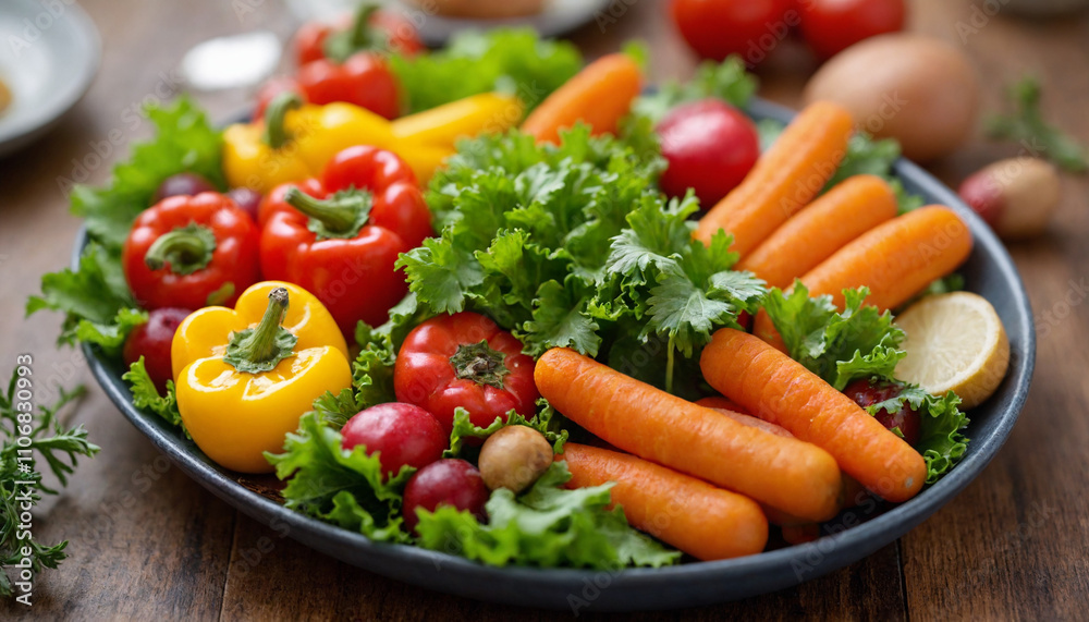 Colorful vegetable platter with peppers, carrots, and greens on a wooden table with copy space Colorful vegetable platter with peppers, carrots, and greens on a wooden table with copy space