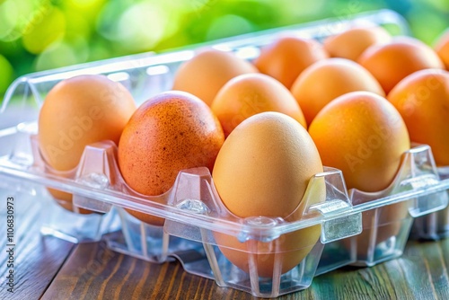 Close-Up of Opened Plastic Chicken Egg Packaging with Fresh Chicken Eggs on a Bright Background, Perfect for Cooking and Culinary Themes photo