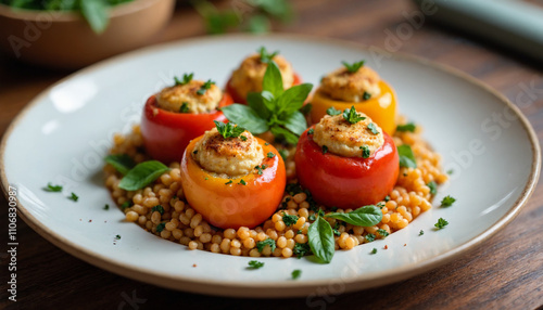 Stuffed tomatoes with couscous and herbs on a white plate with copy space