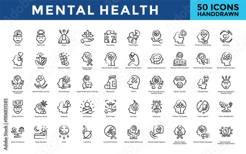 Mental Health icon set with anxiety, depression, stress, therapy, counseling, psychologist, psychiatrist, mental illness, emotional well-being icon. Simple handdrawn vector 
