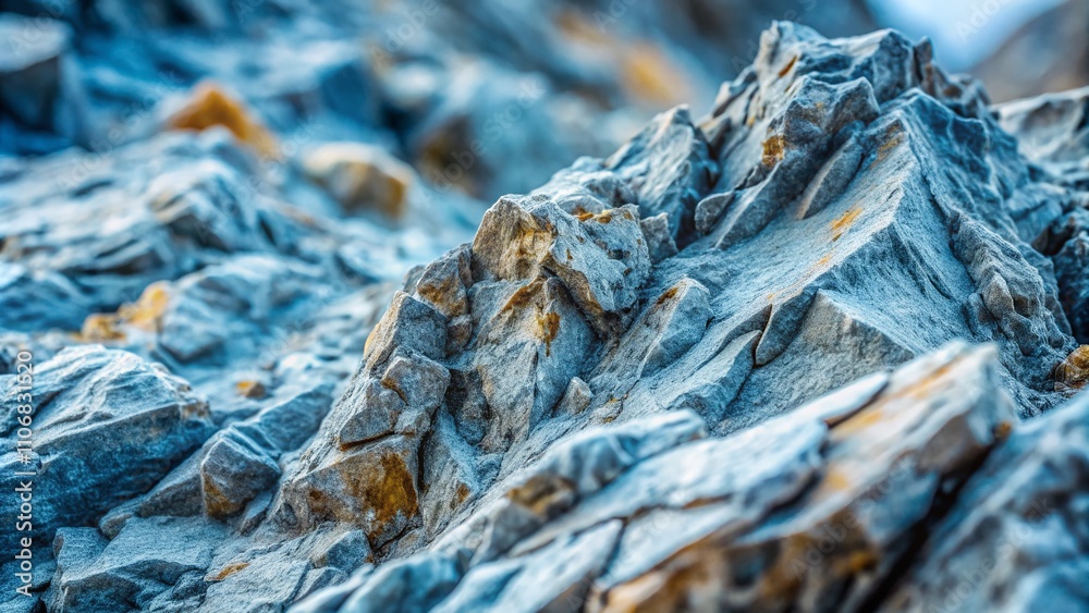 Closeup of Rough Mountain Surface Highlighting Volumetric Stone Texture, Silvery Blue Grunge Background with Space for Design Elements in Documentary Photography Style