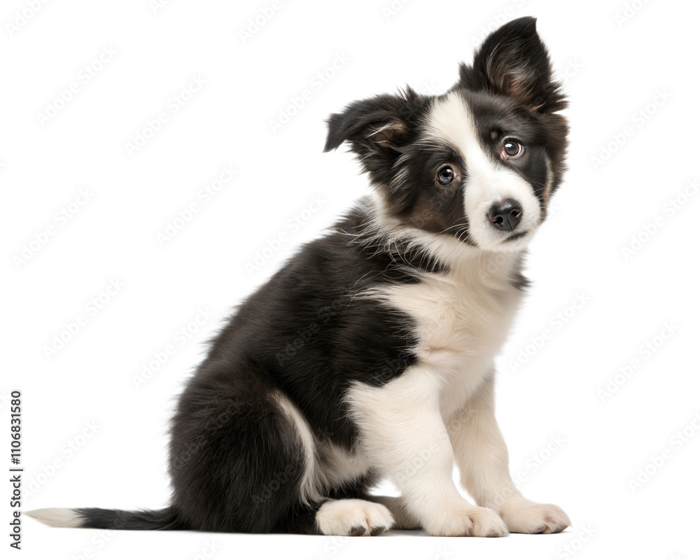 Black and white border collie puppy isolated on white background. Border collie puppy sitting and looking at camera Black and white border collie puppy isolated on white background. Border collie puppy sitting and looking at camera
