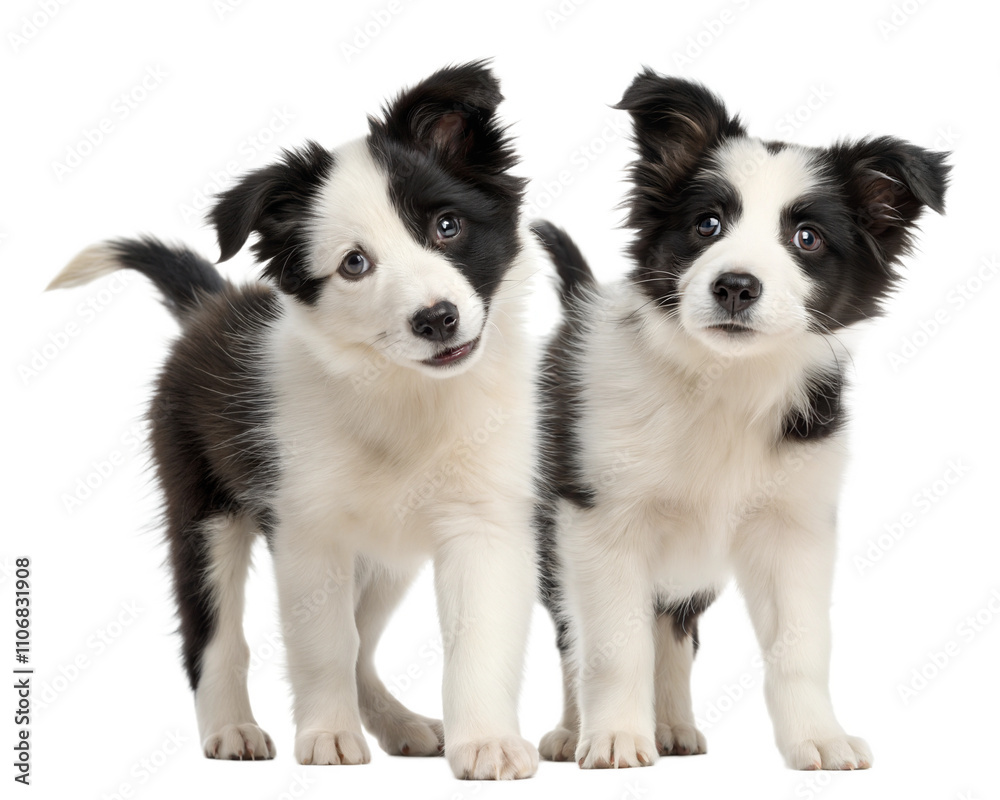 Black and white border collie puppies isolated on white background. Two Border collie puppies standing on white Black and white border collie puppies isolated on white background. Two Border collie puppies standing on white