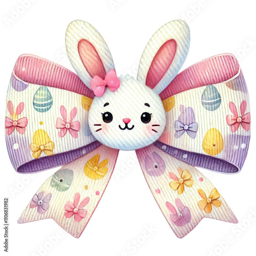 A cute Easter bow featuring a bunny centerpiece, pastel eggs, and floral accents, perfect for festive decorations.