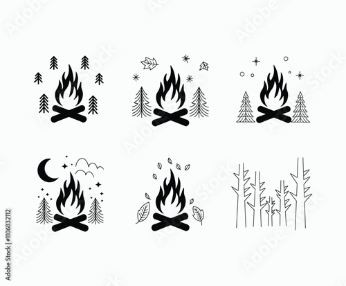 Bonfire Collection with Leaves Scattered Around It Vector Template