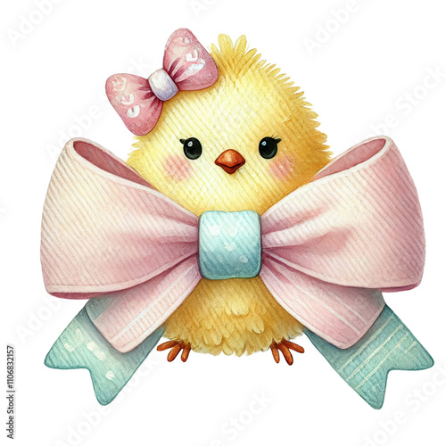 A sweet Easter chick adorned with a pastel pink and blue bow, perfect for festive crafts and decorations.
