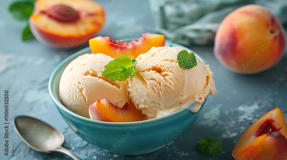 Peach ice cream topped with fresh peach slices and mint Peach ice cream topped with fresh peach slices and mint