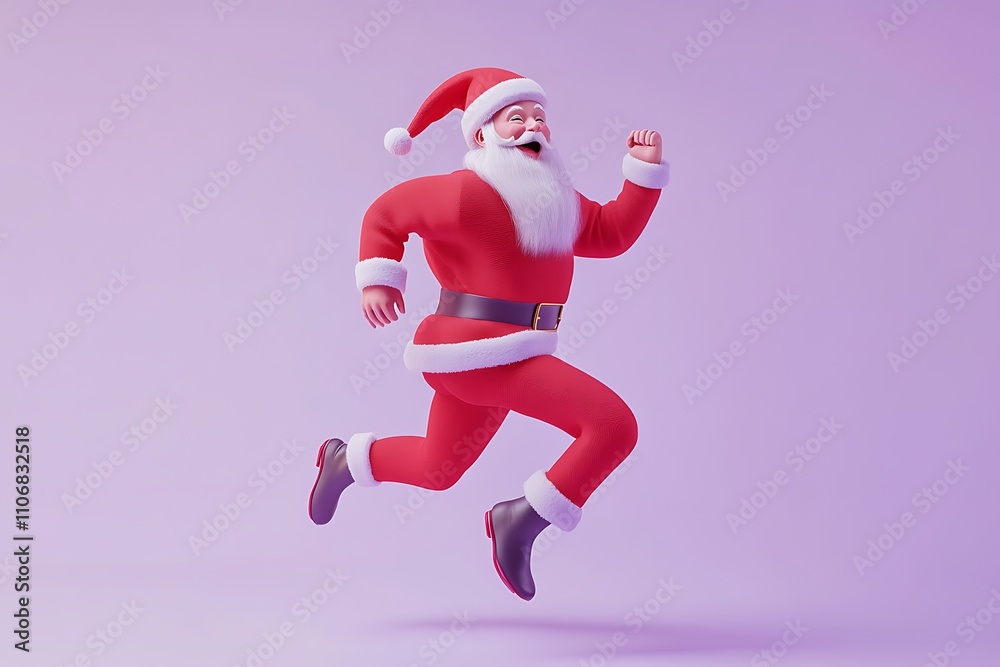 Happy santa claus running fast to deliver christmas gifts on purple background Happy santa claus running fast to deliver christmas gifts on purple background