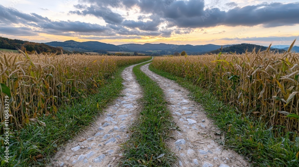 Scenic Autumn Country Road Through Golden Wheat Fields at Sunset Scenic Autumn Country Road Through Golden Wheat Fields at Sunset