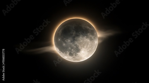 The moon surrounded by a glowing halo with faint clouds passing in front of it photo