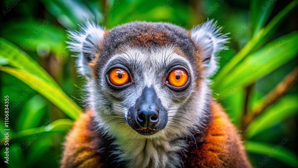 Obraz premium Close-Up View of a Lemur in Its Natural Habitat, Capturing the Intricate Details of Its Striking Features and Vibrant Fur, with Lush Greenery in the Background Enhancing Its Beauty