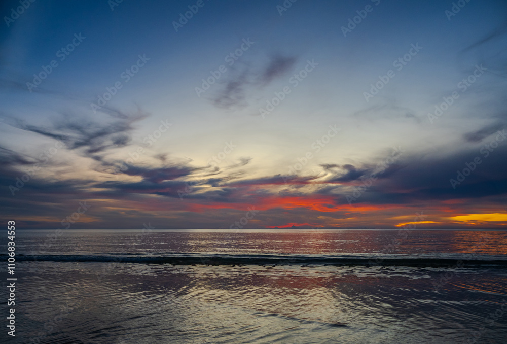 Obraz premium Landscape sunset look view horizon panorama summer sea beach nobody wind soft wave cool holiday calm sky cloud evening day time calm nature tropical beautiful ocean water travel island Thailand