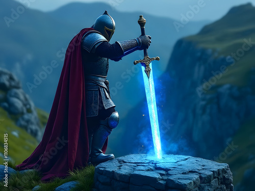 Knight in armor draws glowing sword in a mystical landscape during twilight hours photo